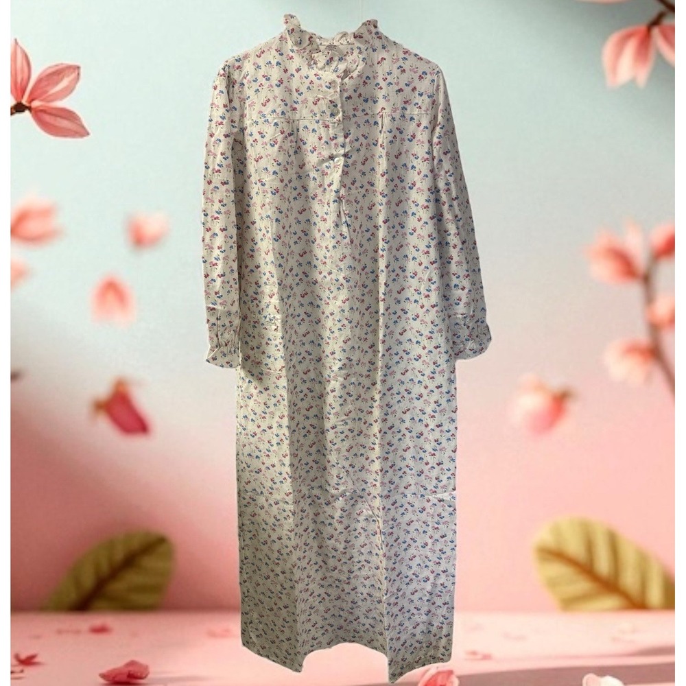 VINTAGE SEARS Floral Flannel Nightgown Cottage Cozy Soft Buttons Size Medium EUC